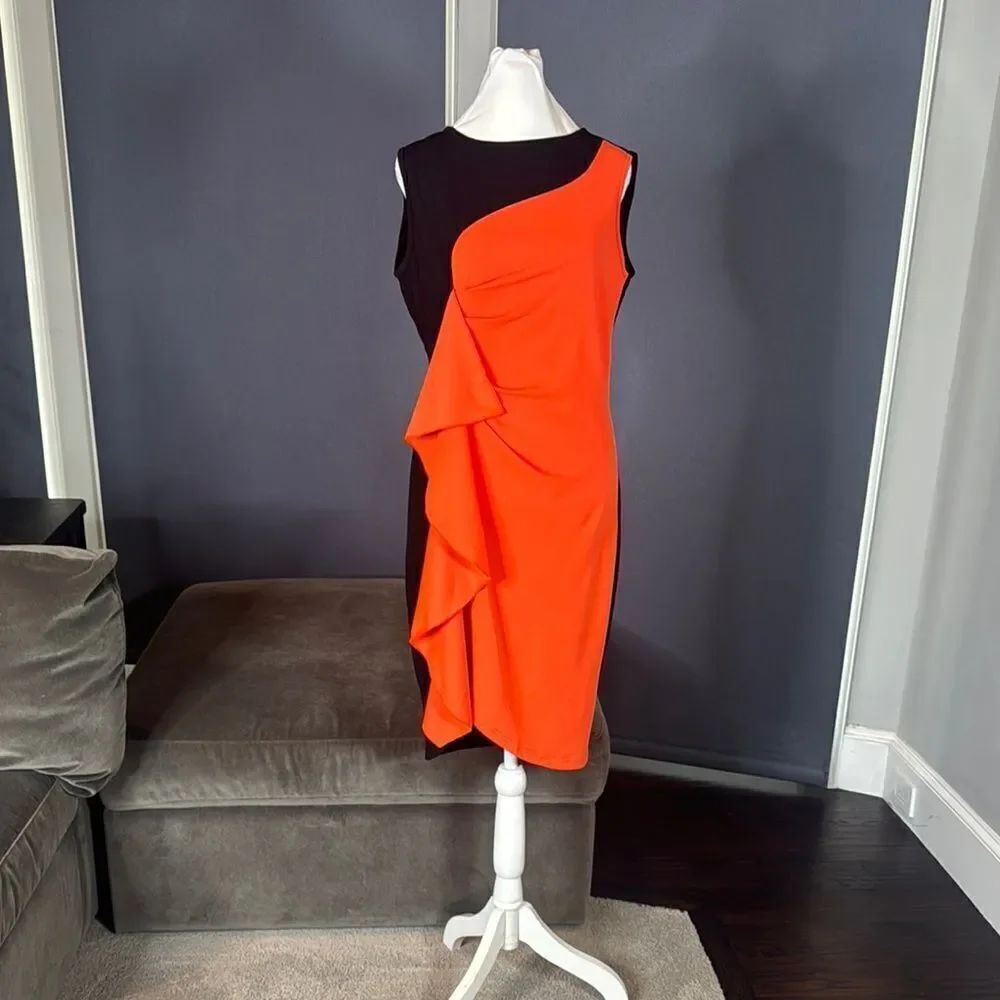 Women’s Black & Orange Asymmetrical Ruffled Front Midi Dress Zip Up Back Size M